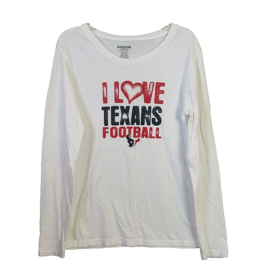 Reebok I Love Texans Football White Long Sleeve Tee Womens M